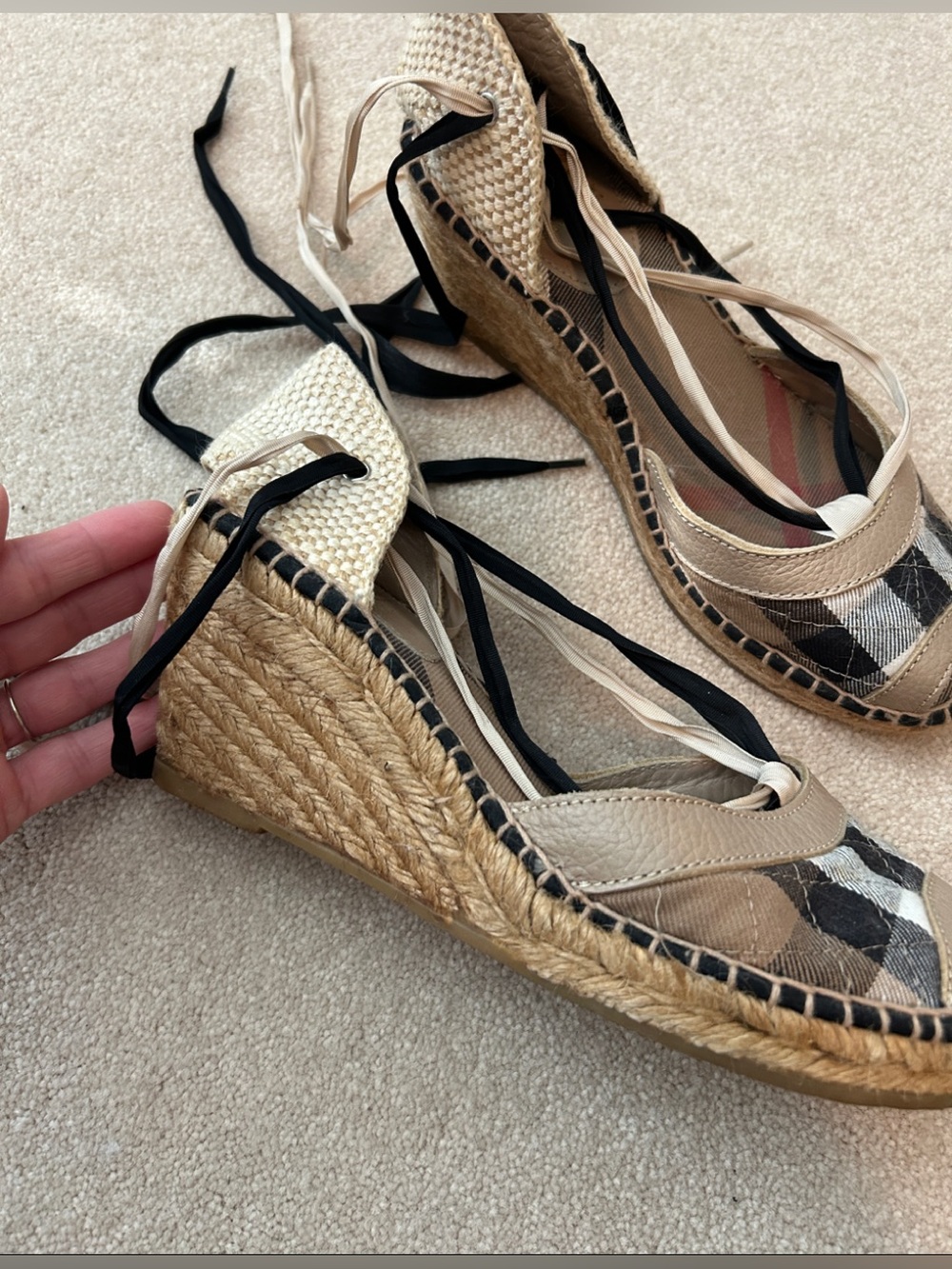Burberry Tan Black Check Lace-Up Espadrille Wedges - Picture 3 of 7